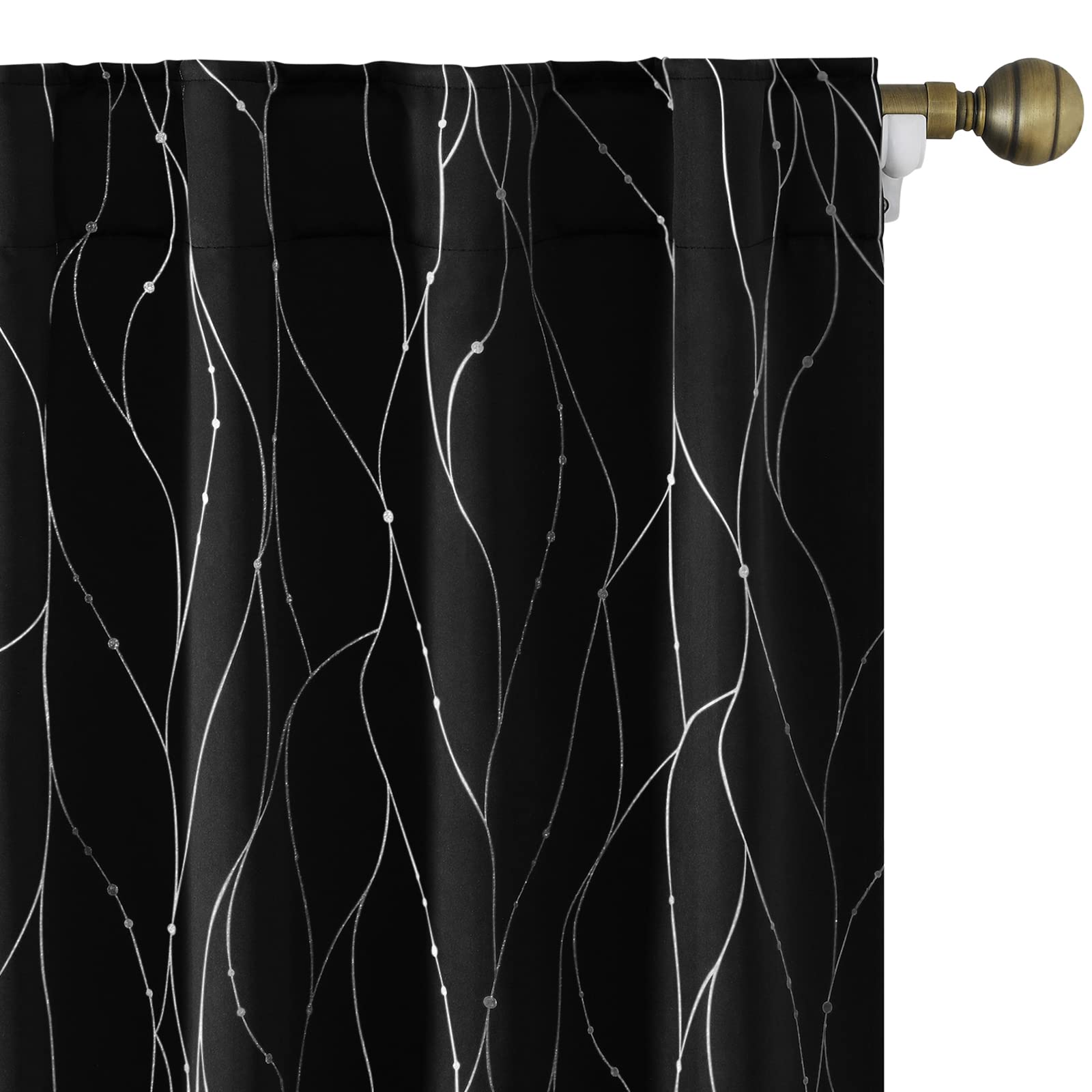 Homeideas Blackout Curtains, Silver Wave Line With Dots Printed Room Darkening Curtains 52 X 84 Inches Long Thermal Light Blocki